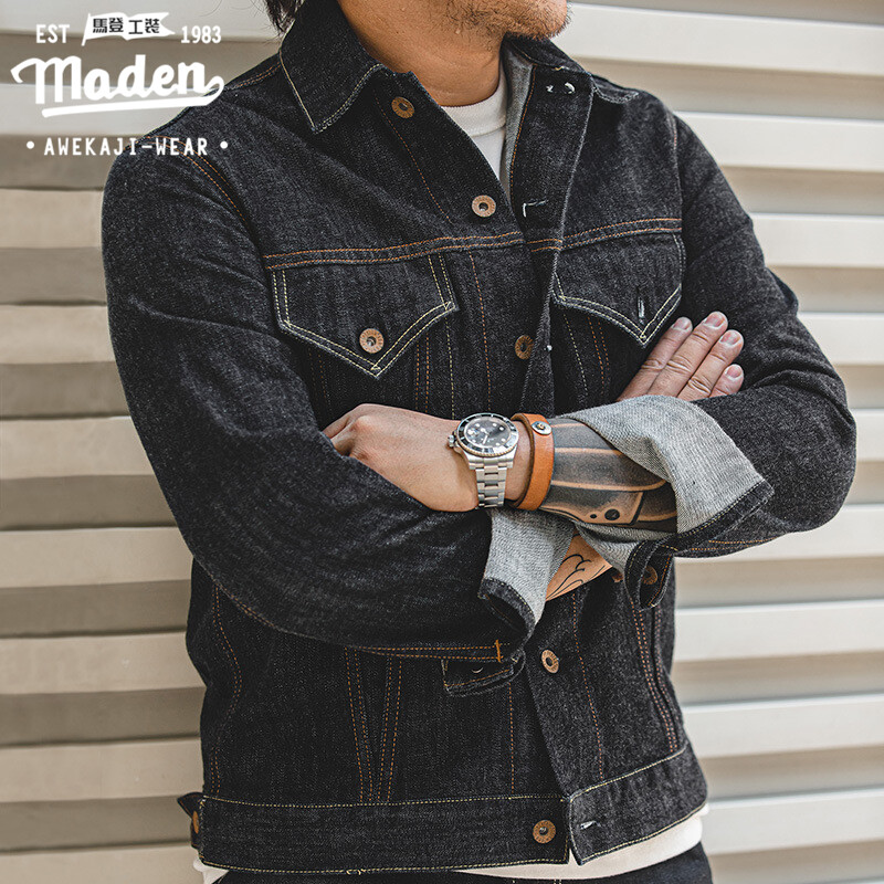 Maden brand 2024 winter new men young tough guy Takuya Kimura and Hiroshi Fujiwara the same Japanese retro TYPE III jacket classic 14.8OZ primary color boy slim denim motorcycle jacket