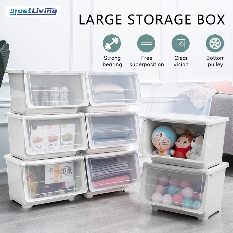 JustLiving Durable Large Storage Box with Wheel Stackable Plastic Front Opening Storage Container Box Moisture Clothes Wardrobe Box Cabinets Organizer 43.5 X 33.5 X 30 Cm