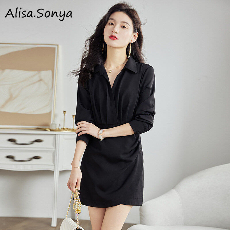 Alisa Sonya Plus Size Women's Elegant Long Sleeve Wrapped Bottom High Waist Collar V Neck Midi Shirt Dresses