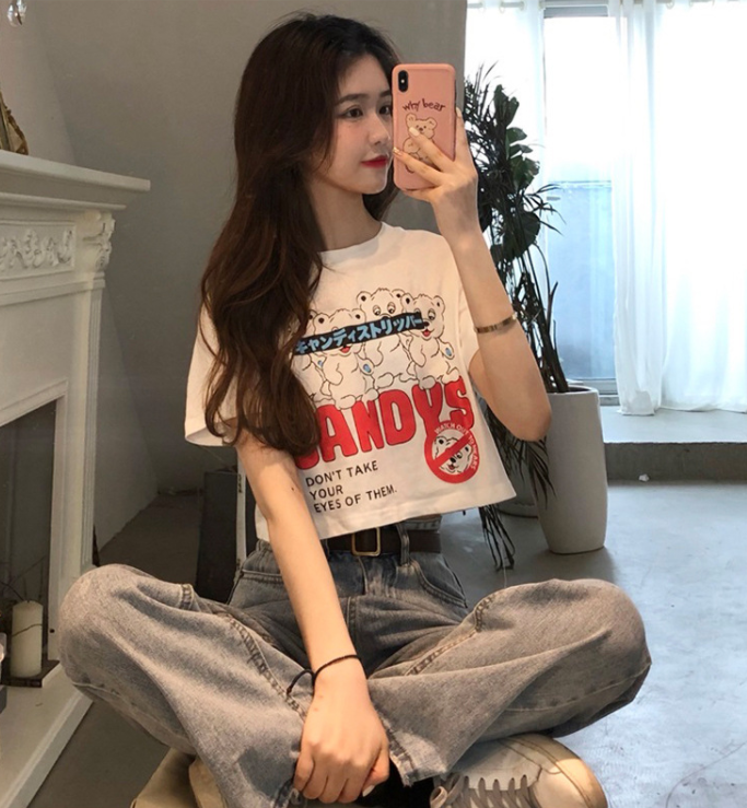 Crop Top korea cartoon cute short sleeve loose tshirt