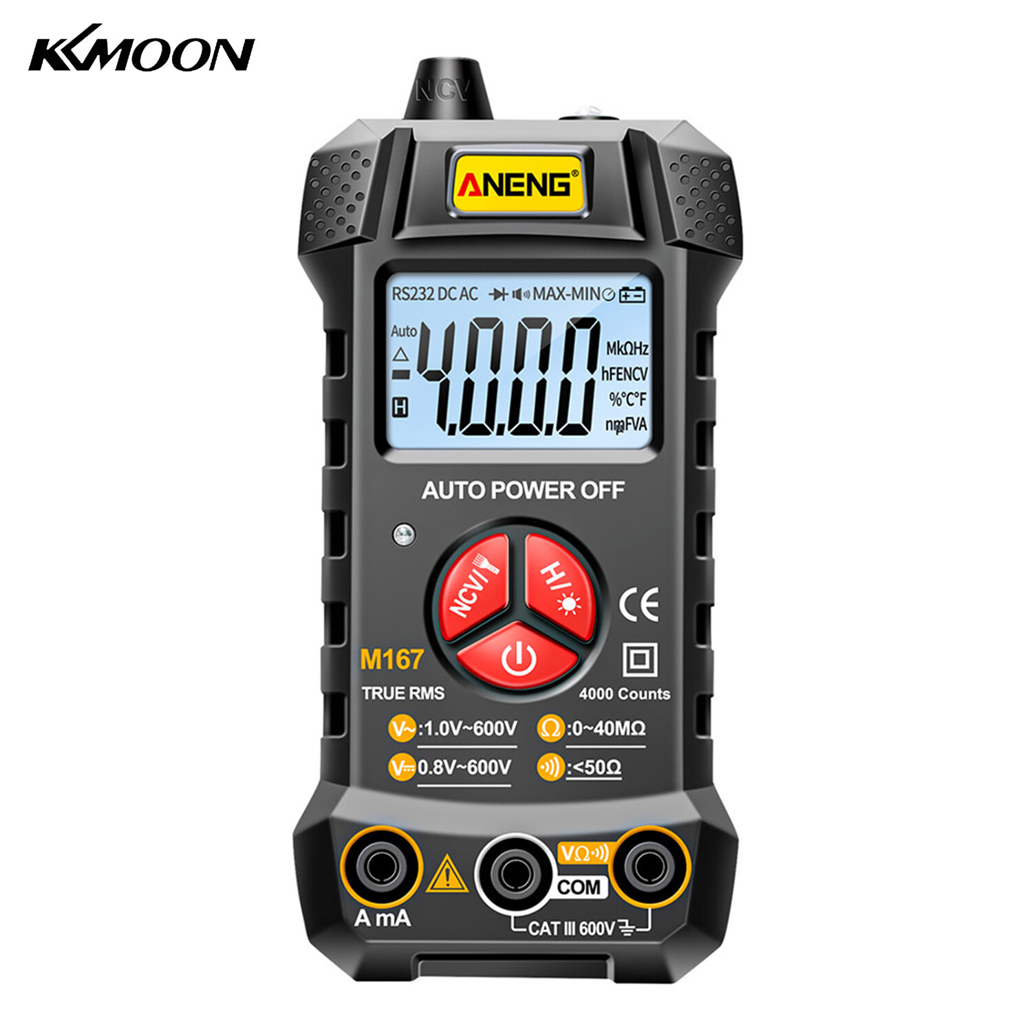KKmoon ANENG M167 Smart Digital Multimeter Auto Recognition 4000 Counts Voltmeter Ammeter Electric Test Pen with Backlight LCD Screen Flashlight AC DC Voltage/ Current Resistance Live Wire Testing