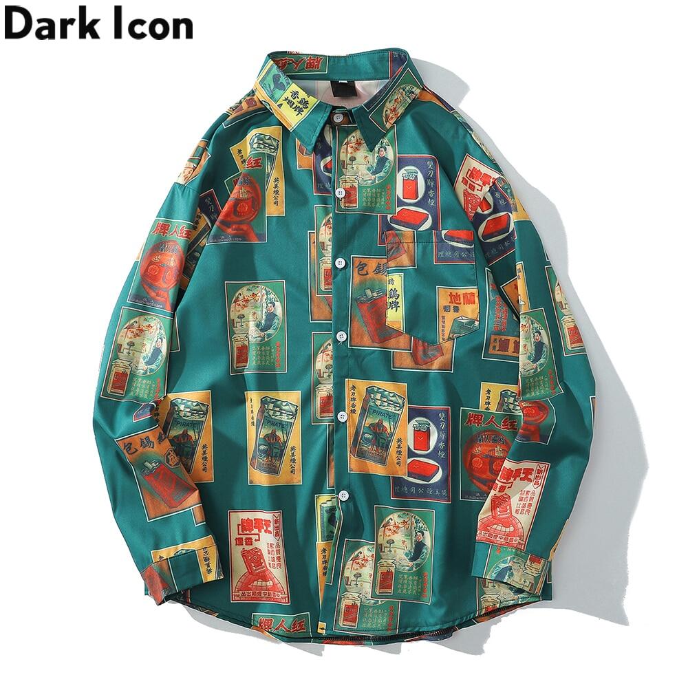 Dark Icon Vintage Printed Shirts Men Turn-down Collar Men's Shirt Streetwear Shirts for Man
