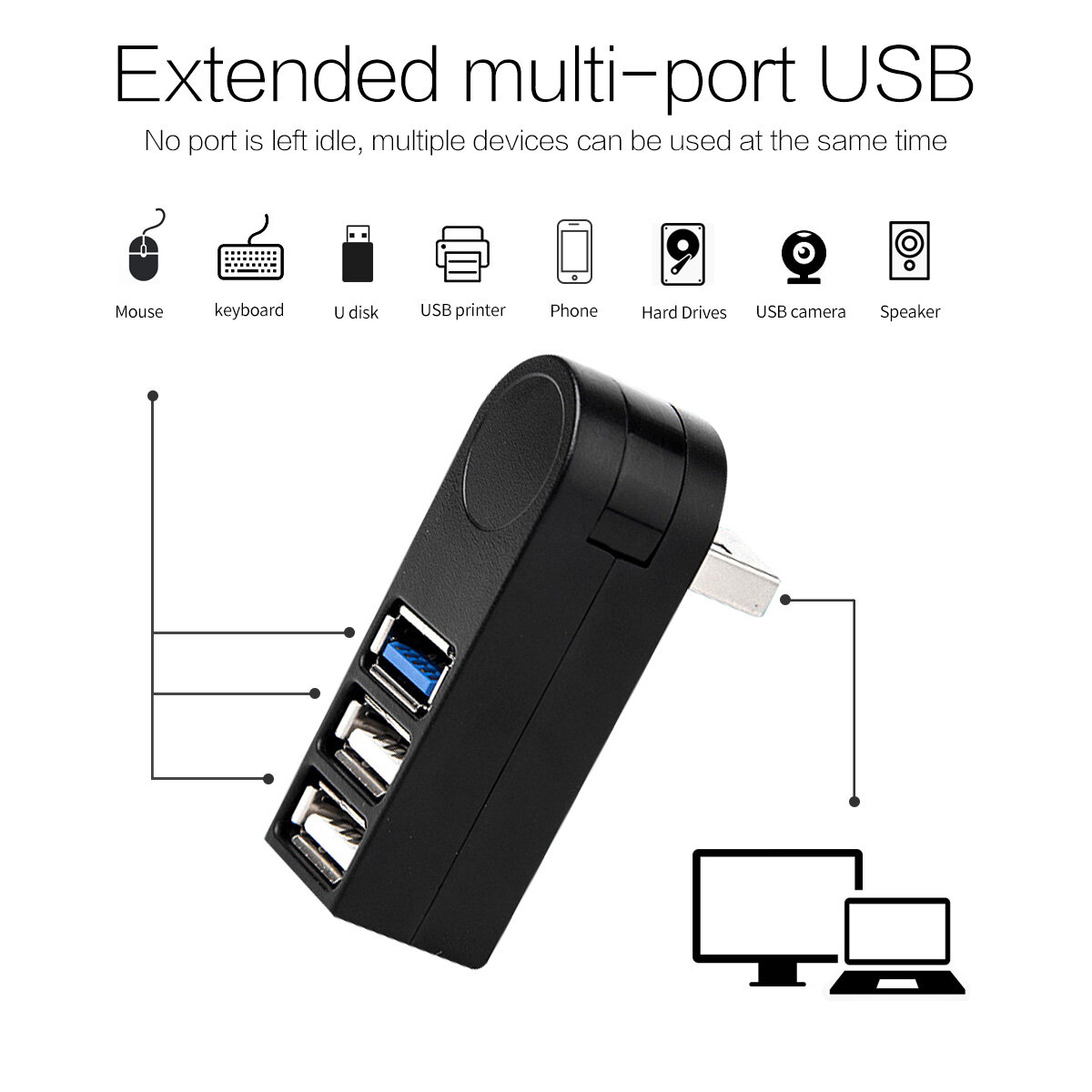 Bộ Chia USB FONKEN, Bộ Chuyển Đổi 3.0, Bộ Phân Phối Đầu Đọc Đĩa U Tốc Độ Cao Xoay 3 Cổng USB 2.0 Phù Hợp Phụ Kiện Cho Máy Tính Máy Tính Xách Tay Máy Tính Mac Mini