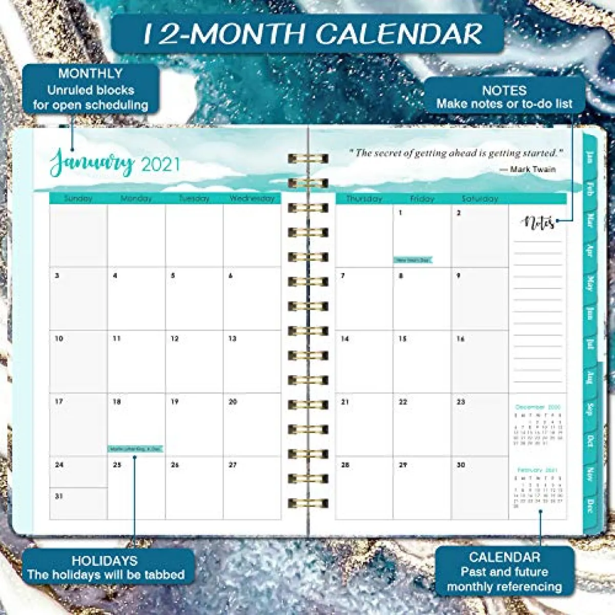 6.4x 8.5 December 2021 Coated Tabs Inner Pocket 2021 Planner Flexible Cover Planner with Elastic Closure Weekly Monthly Planner 2021 for January 2021