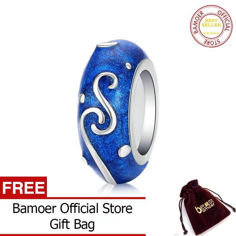BAMOER 925 Sterling Silver Starry Sky Night Blue Enamel Stopper Charm with Silicone for Luxury Brand Bracelet & Bangle SCC1388