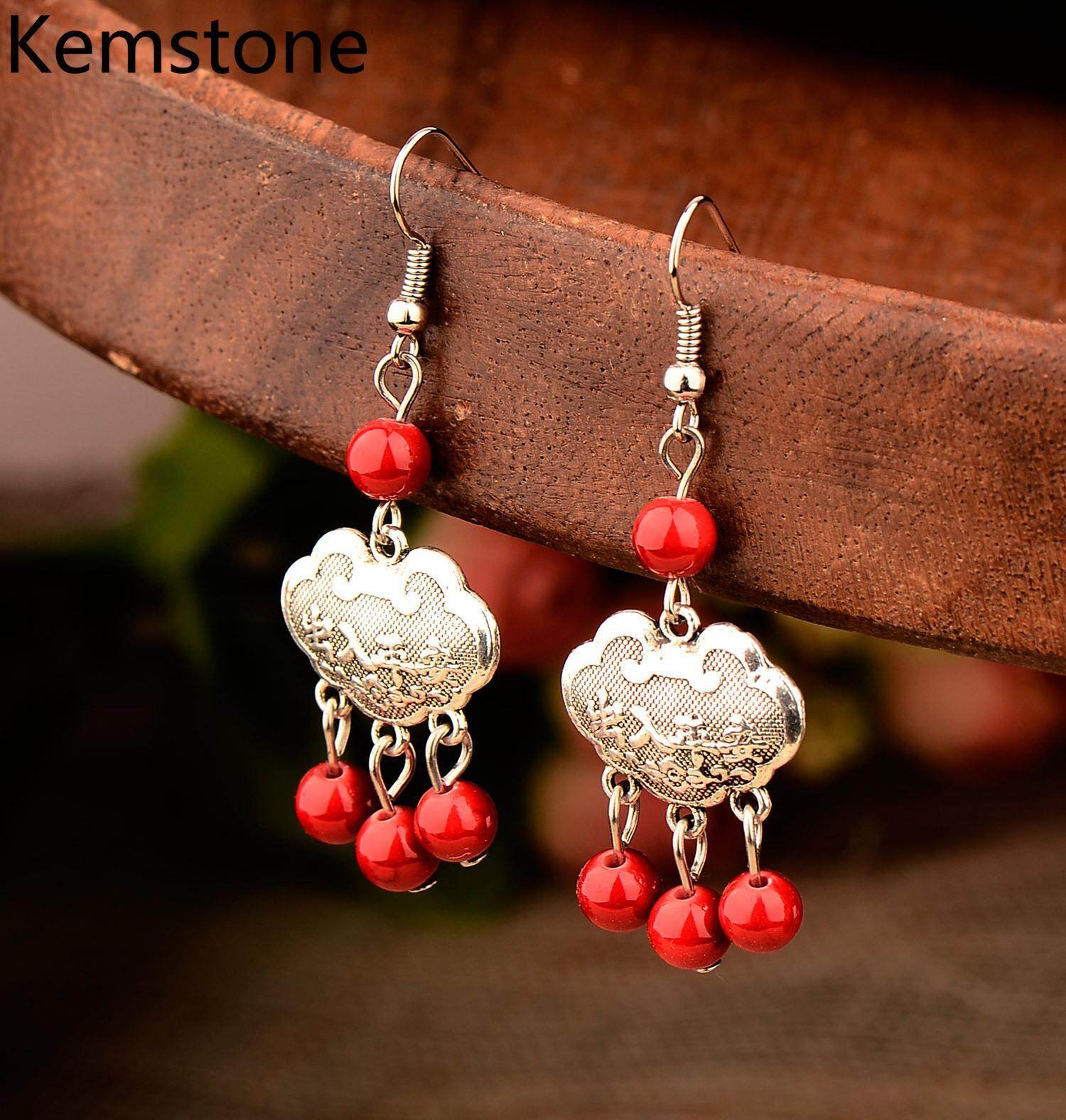 Kemstone Retro Created Turquoise Longevity Lock Tibetan Silver Red/Blue Dangle Earrings Jewelry Gift For Women