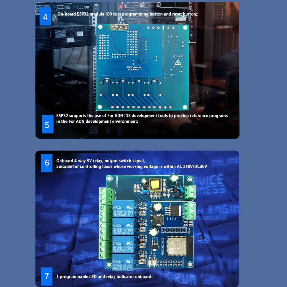 diymore [Chính Hãng 100%]  Bảng Phát Triển ESP32-WROOM Mô-đun Rơ Le Bốn Chiều ESP32 Mô-đun WiFi & BLE Nguồn Điện AC220V/DC5-30V Công Suất Lớn 4M Byte Flash Cho ESP32