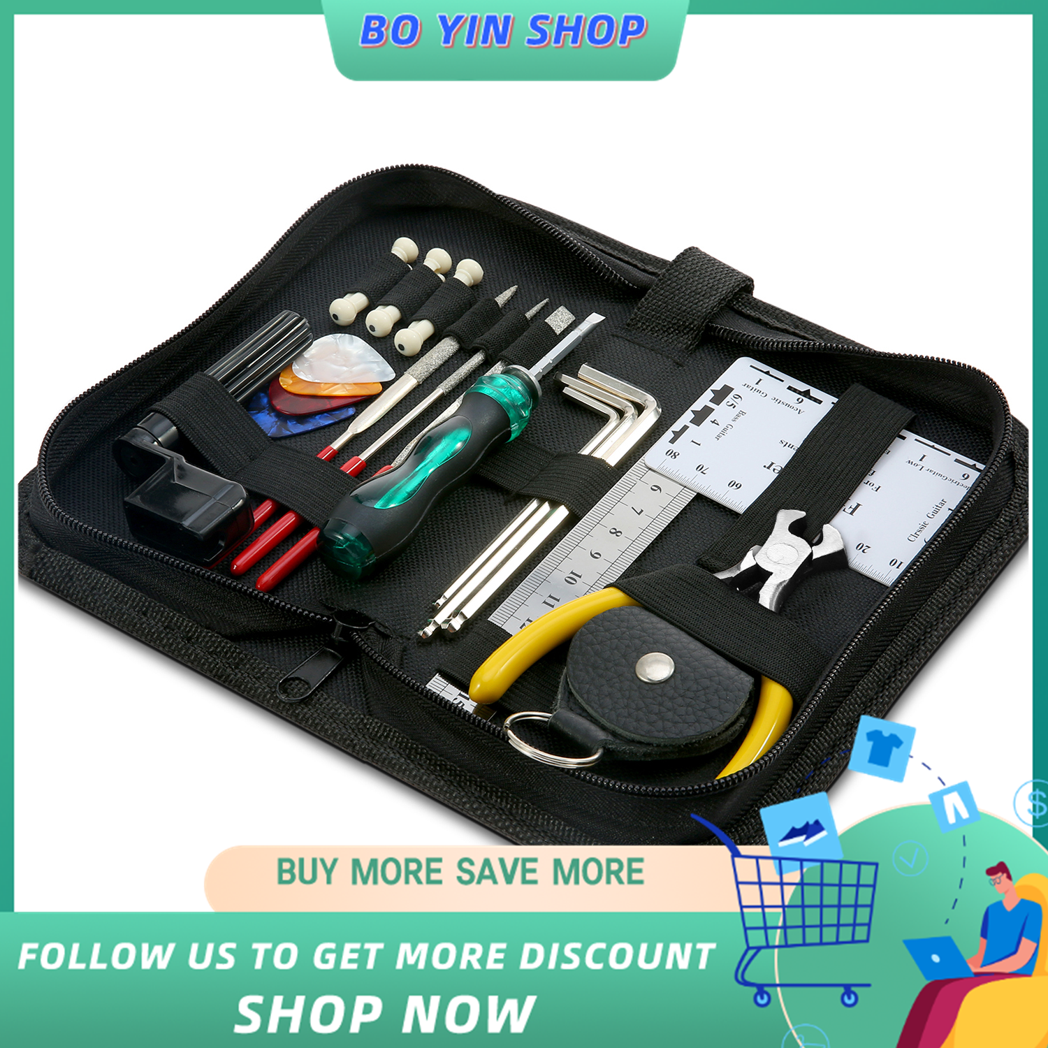 Guitar Repairing Maintenance Cleaning Tool Kit Includes String Action Ruler & Gauge Measuring Tool & Hex Wrench Set & Files & String Winder & String Cutter & Bridge Pins & Picks & Picks Bag for Guitar Ukulele Bass Mandolin Banjo