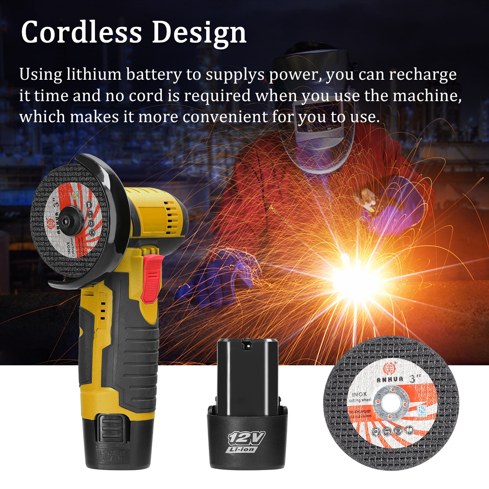 KKmoon 12 V Angle Grinder Handheld Portable Electric Grinder Machine Ceramic Tile Wood Multi-function Polishing Grinding Cutting Machine Home Woodwork DIY Rechargeable Angle Grinder