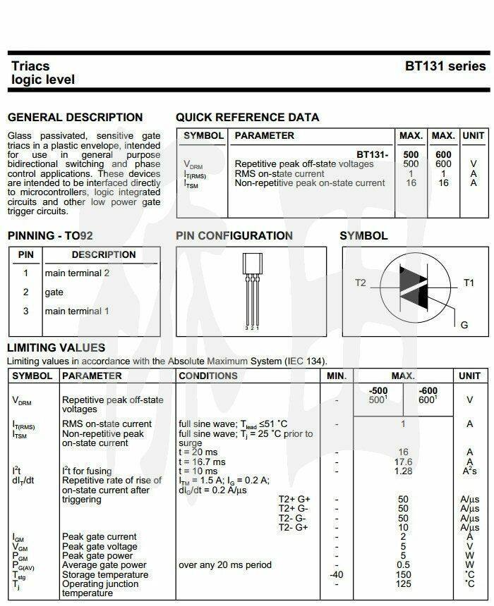 50 BT131-600 Bán Dẫn Triac 600V 1A, S TO-92