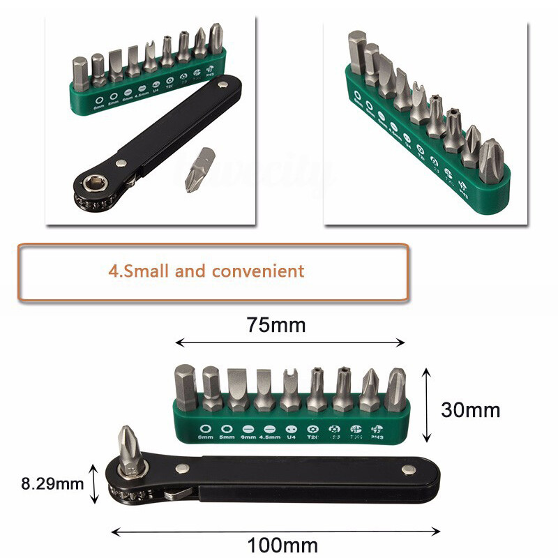 BOKALI 1SET  10 in 1 Mini Right Angle Offset Hand Ratchet Screwdriver Ratchet Driver Tool Set