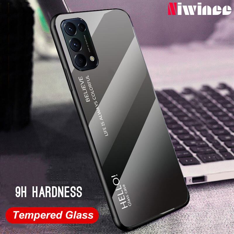 NIWINEE For OPPO Reno 5 / OPPO Reno 5 5G / Reno 6z 5G Gradient Black and White Color Tempered Glass Casing Glass Back Cover Soft TPU Bumper Case For OPPO Reno5 / OPPO Reno5 5G / Reno6 z 5G