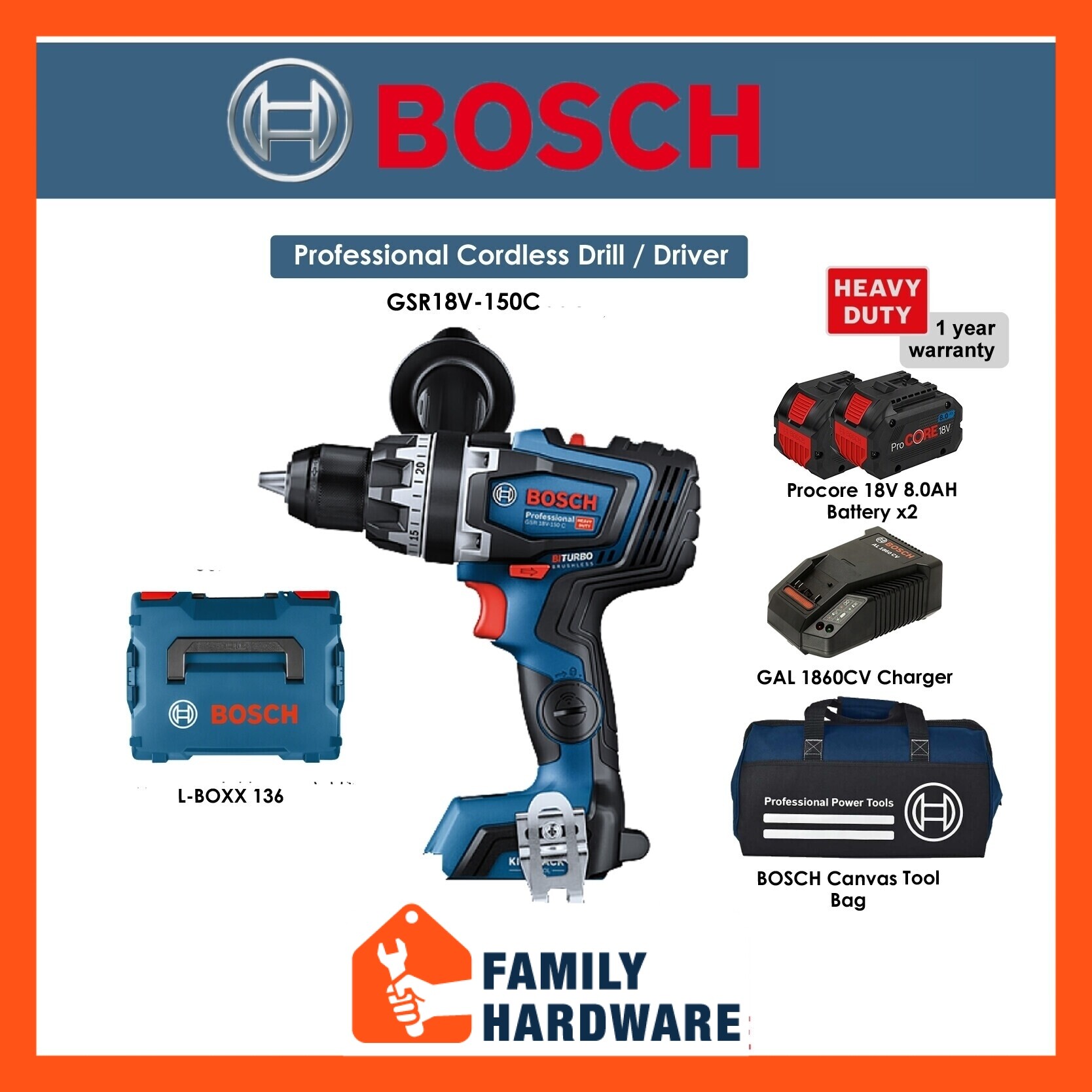 BOSCH GSR 18V-150 C Professional Cordless Drill Driver With BITURBO ...