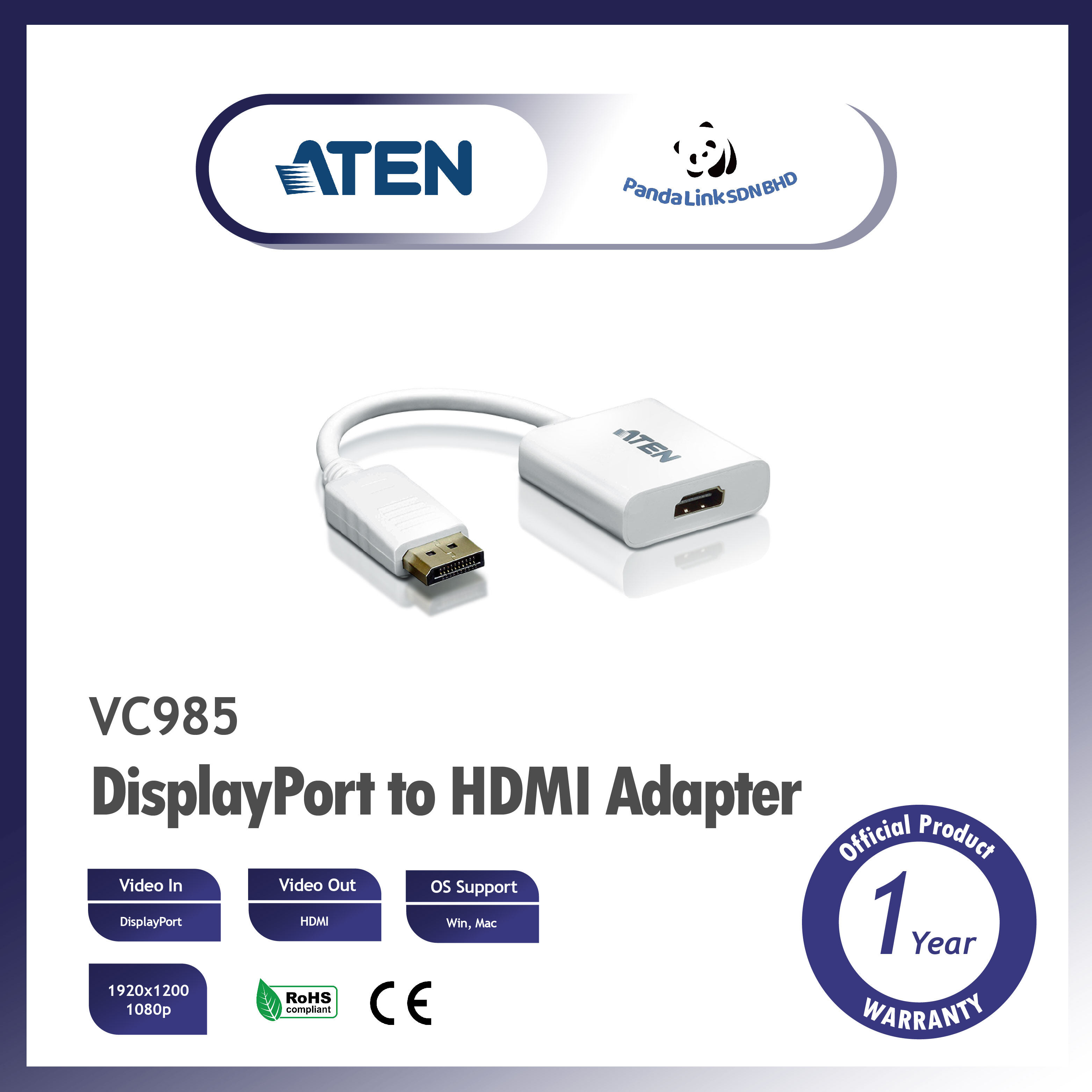 DisplayPort to HDMI Adapter - VC985, ATEN Video Converters