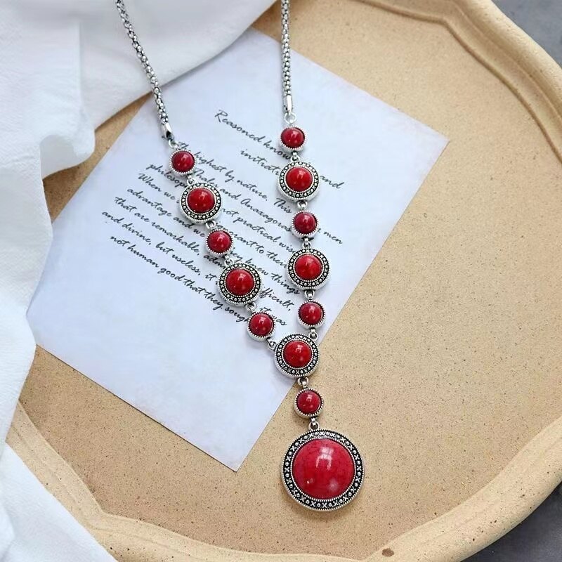 OneTibetan Turquoise Necklace retro geometric shape alloy necklace versatile temperament Necklace