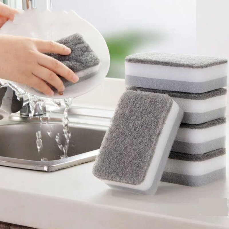 5Pcs Double-Sided Sponge Scrub Pot to Wash Dishes Magic Wipe Kitchen Housework Cleaning Three-Layer Sponge Scouring Pad Wholesale Super Low Price
