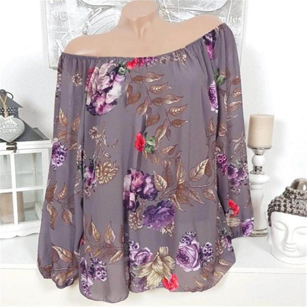 Ukuran Ukuran Besar Musim Panas Blus Wanita Fashion Kasual Lengan Panjang Cetak Ukuran Satu Bahu Top Blus T baju Kaos Kemeja Tshirts Atasan untuk Wanita