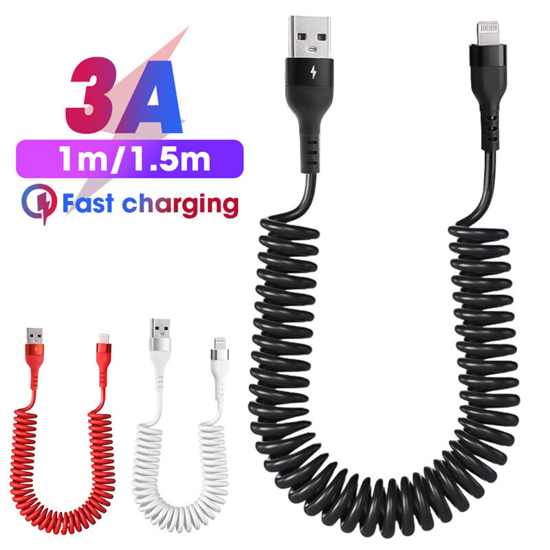 1/1.5M 3A USB Lightning Spring Car Fast Charging Cable Fast Charge Date Cable Compatible with iPhone