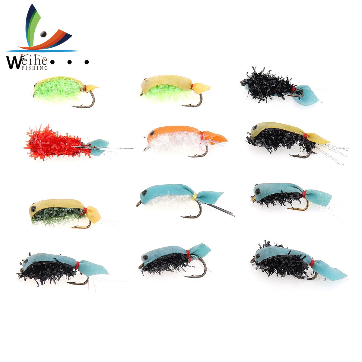 Weihe 12pcs Insect Fly Files Fishing Lure Artificial Shrimps Fishing Bait Single Hooks
