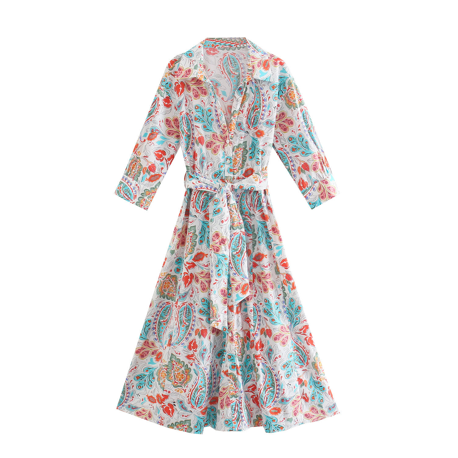 Willshela Women Fashion Floral Printed Long Shirt Dress Lapel Collar Three Quarters Sleeves High Waist With Sashes Single Breasted Office Casual Sexy Retro Vintage Spring Summer Female Maxi Dress