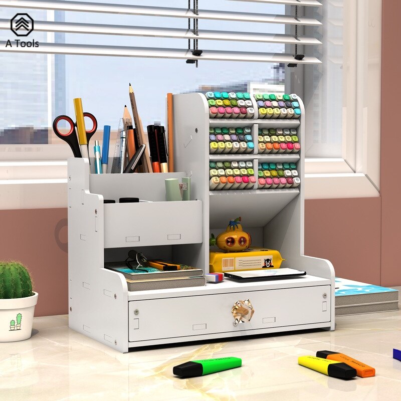 Desktop DIY pen holder storage box multi-functional office supplies stationery box large-capacity student wood plastic storage pen holder