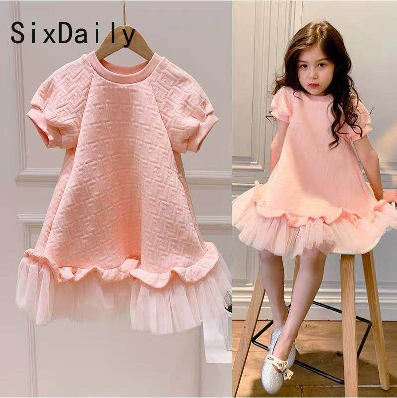 SixDaily Summer Girls Pink Mesh Short-sleeved Dress Princess Dress 90-150 Yards D0086