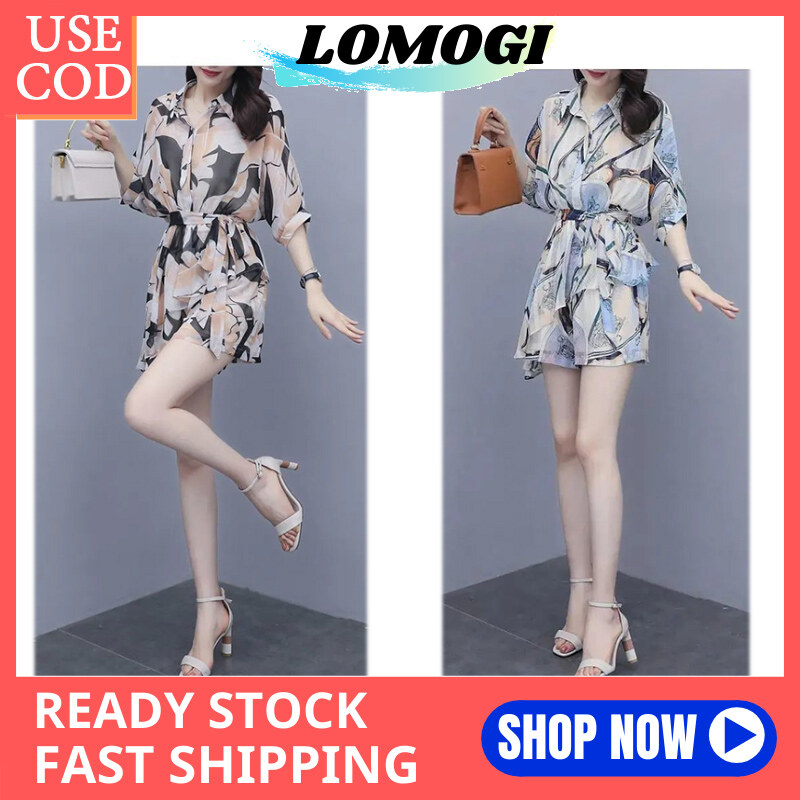 LOMOGI New Korean Printed Chiffon Shirt + Shorts Two-piece Female Temperament Casual Fashion Loose Suit