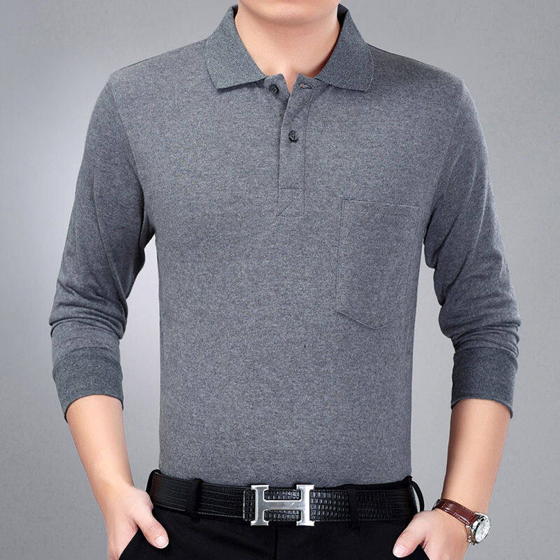[Bão] Đàn ông trung niên áo thun dài tay ve áo rộng kích cỡ lớn giản dị bố sọc áo POLO