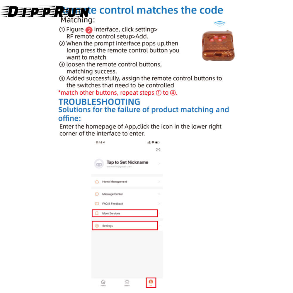 DIPPRUN 5V/DC7-32V Smart Wifi Motor Switch Module RF 433 Radio Remote Control 4 Channels Inching Relay