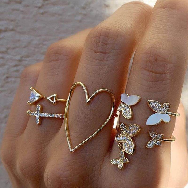 【♡Lovely girls house♡】5Pcs/Set Cross Triangle Love Heart Hollow Full Rhinestone Dripping Butterfly Ring Jewelry Gift for Women