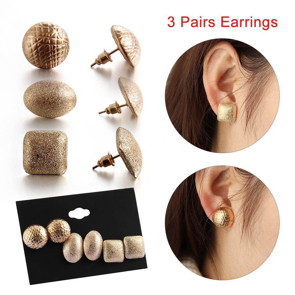 3 Pairs Elegant Women's Gold Scrub Ear Stud Earrings Set Party Wedding Jewelry Gift