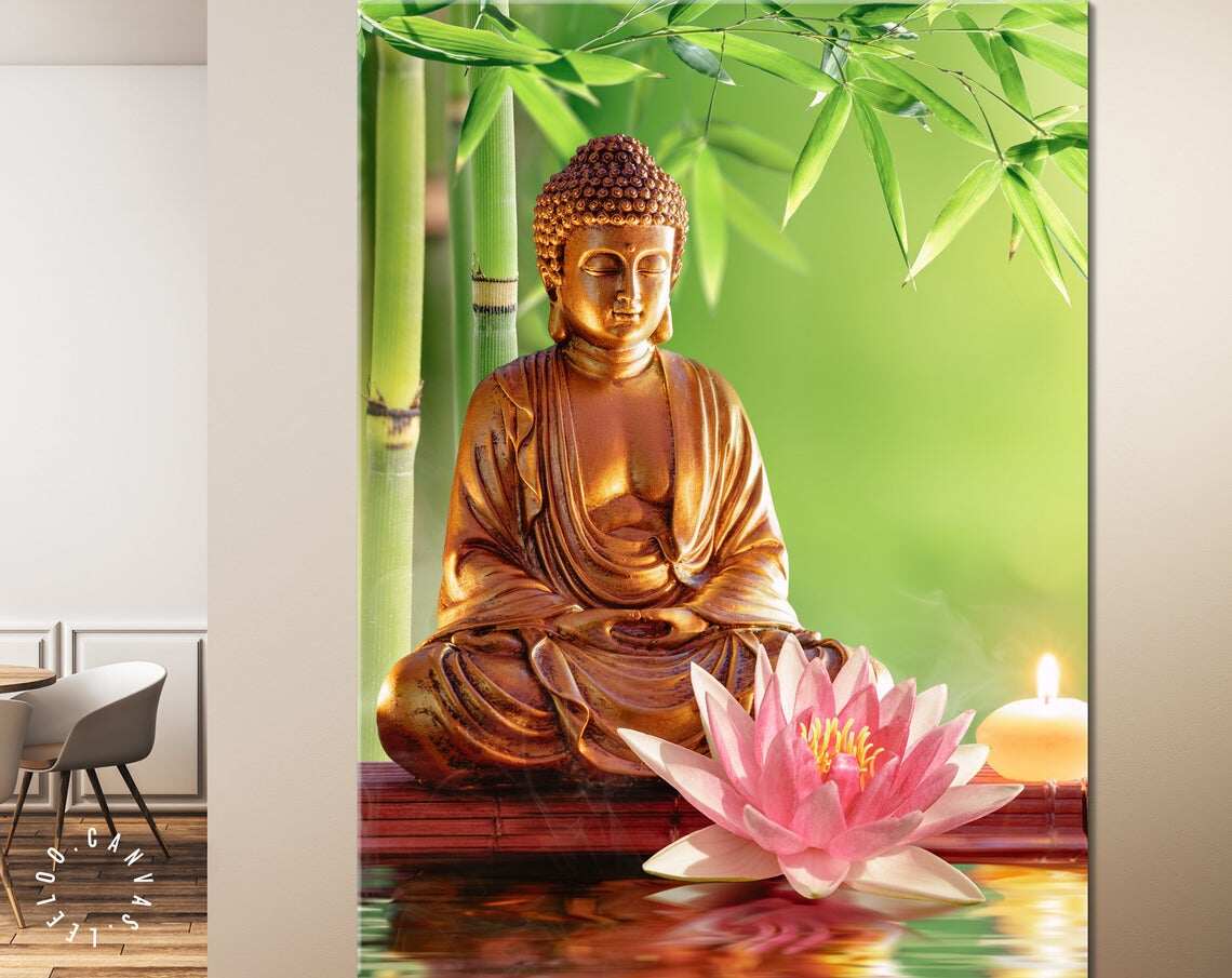 Buddha And Lotus Canvas Print // Buddha Statue With Lotus // Canvas Wall Art 1PCS Inner Framed or Frameless