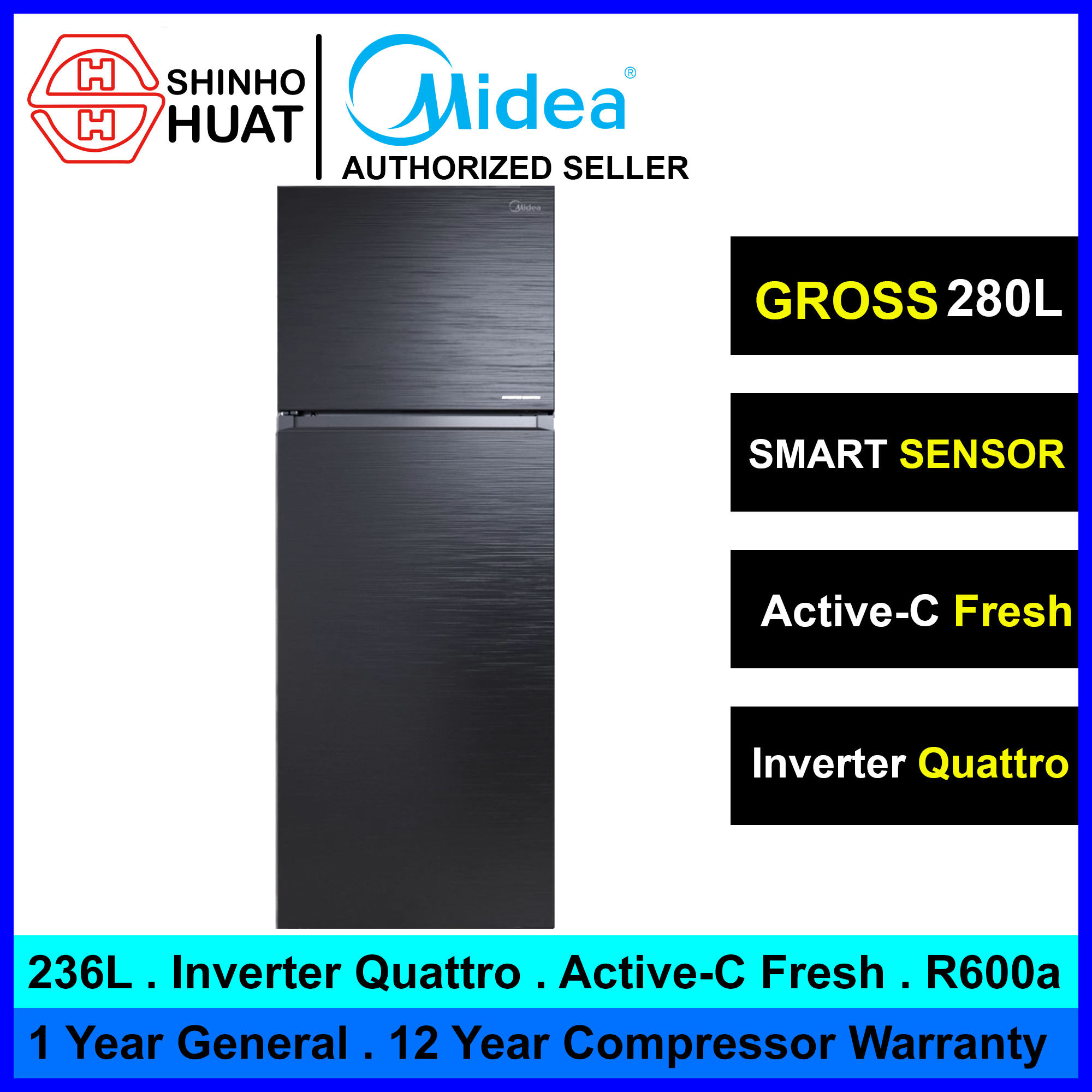 Midea MDRT346MTB28MY Gross 280L 2 Doors Inverter Quattro Refrigerator