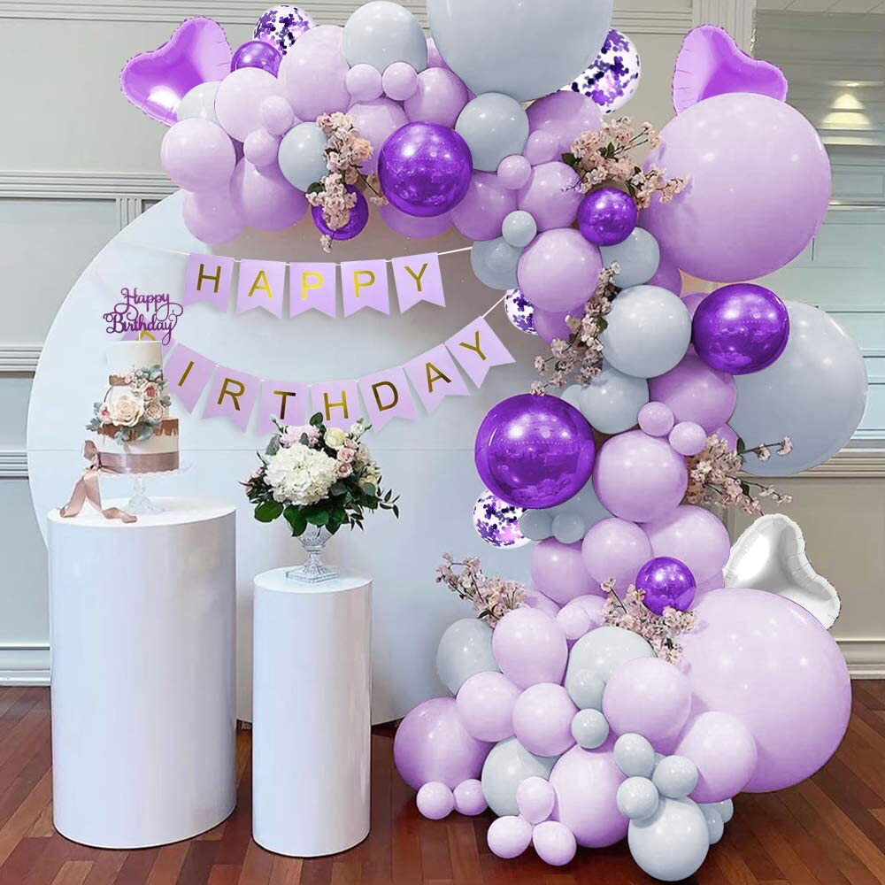 Purple Crown Theme Balloon Pull Flag Birthday Decoration Scene Arrangement, Macaron Purple Grey Balloon Metal Purple Balloon Purple Confetti Balloon Heart Balloon