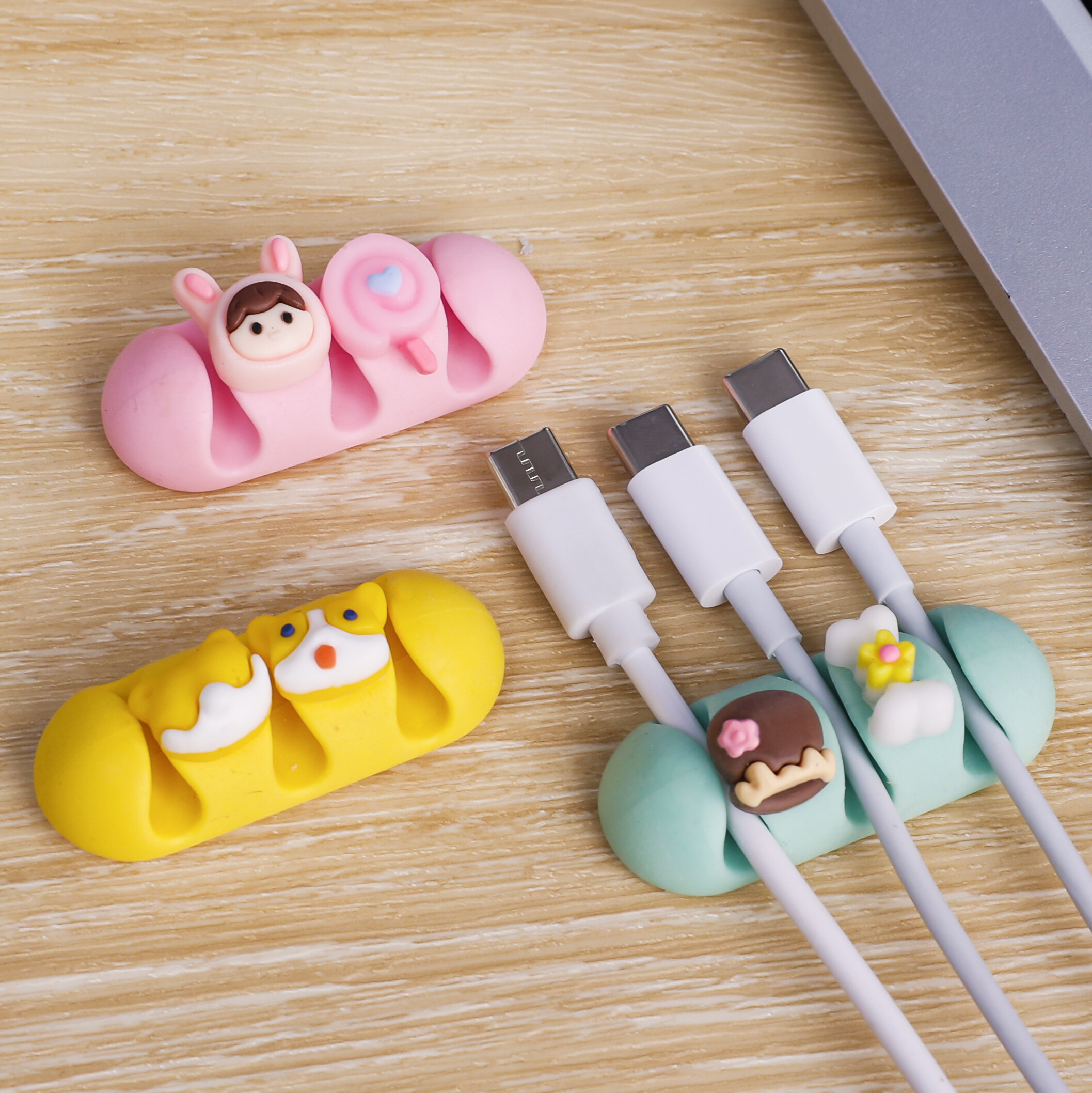 Cartoon Desktop Data Cable Manager Silicone Buckle Self-adhesive Wire Fixer Charging Cable Clip Buckle Winder Hub