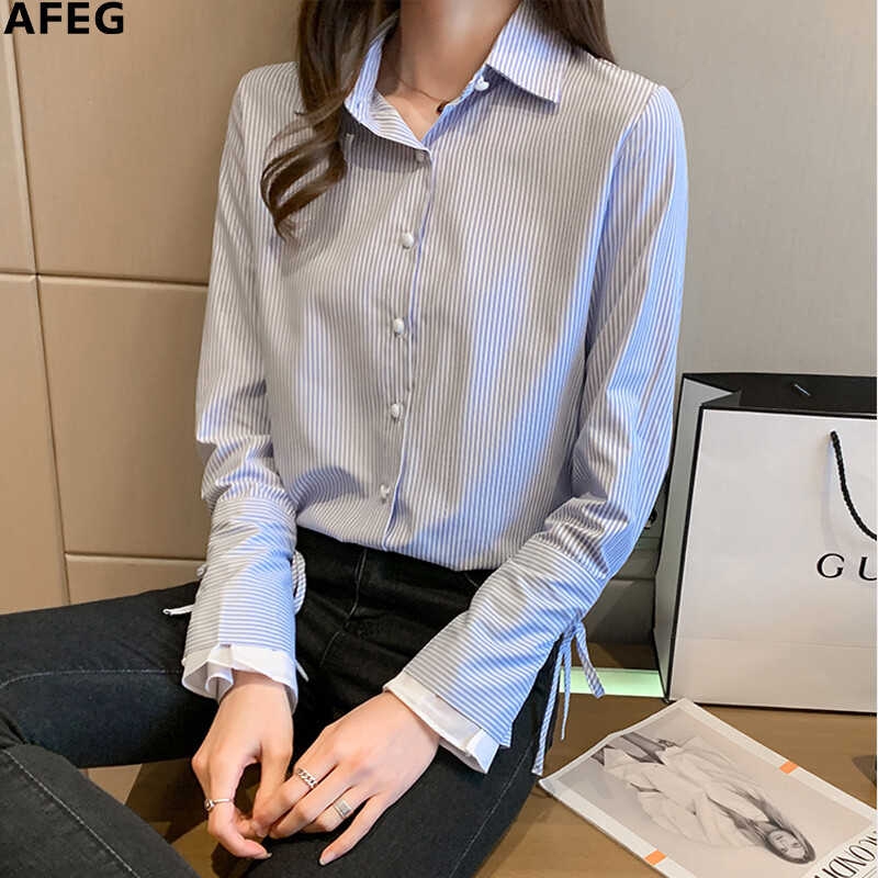 AFEG new Korean style shirt collar fashion all-match temperament striped chiffon long-sleeved shirt for women