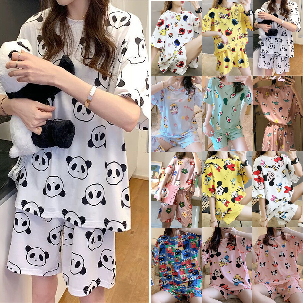 Ghobfpe 2pcs/ Set Pajamas Women Summer Short Sleeve T Shirt +shorts Nightwear