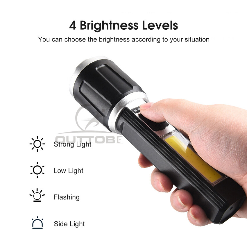 Outtobe Flashlight T6 Multifunctional Flashlight Super Bright LED Mini Portable Zoom Flashlight Strong Light COB Light Waterproof Outdoor Flashlight Four Modes Long Illumination Outdoor Fishing Camping Repairing