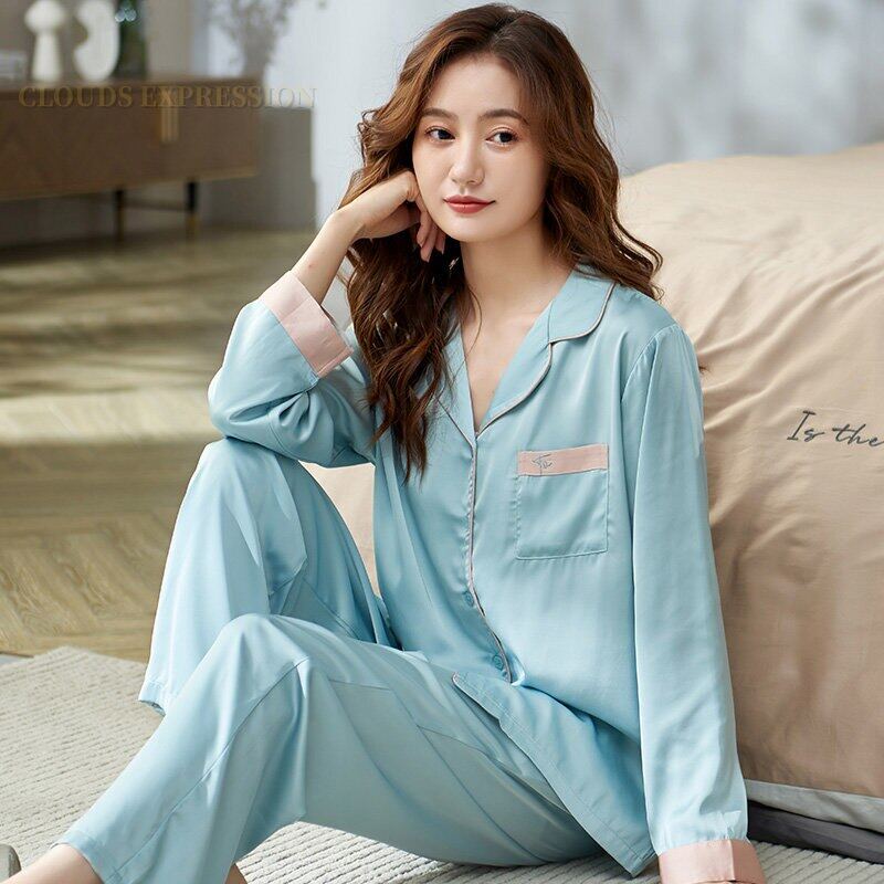 seeyoushy Spring Summer Ladies Faux Silk Pajama 2 Pieces Sets Sexy Homewear Women's Casual Luxury Pajamas Thin