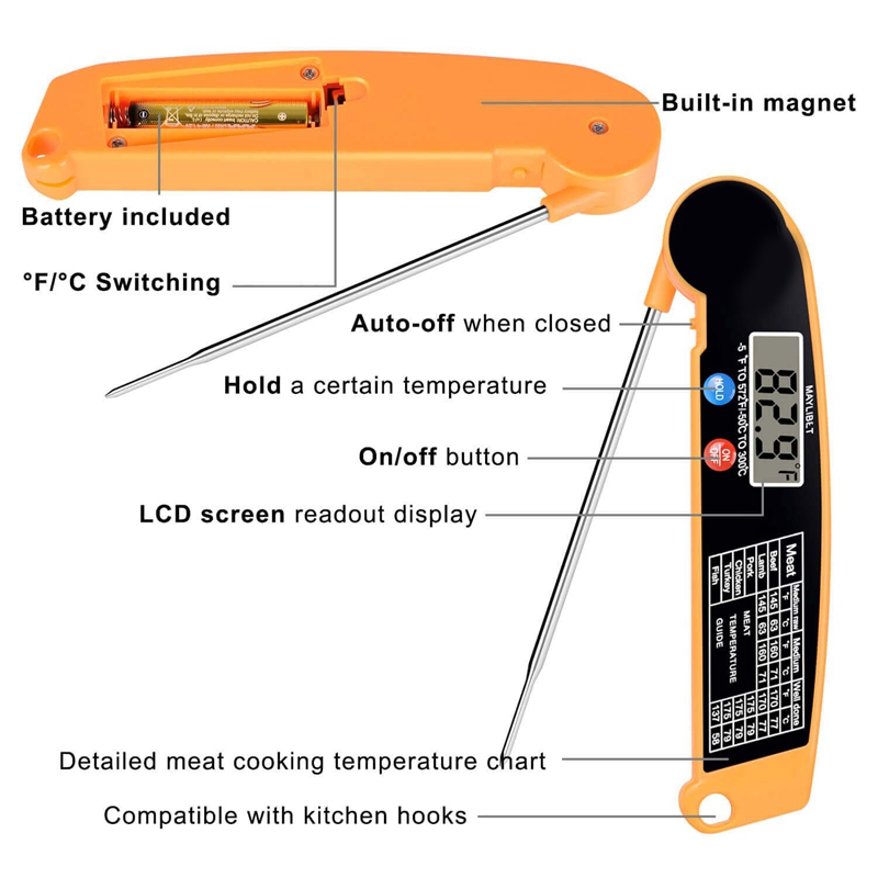 Digital Instant Read Meat Thermometer with Highly Accurate Temperature Probe, Electric Cooking Thermometer for Kitchen Food Grilling Grill BBQ Smoker Liquids Fryer Hot Oil Frying