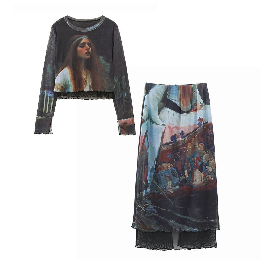 Willshela Women Fashion 2 Pieces Sets Girl Character Printed Tulle Top Blouse And Midi Skirt Female Chic Lady Casual  Vintage Mesh Yarn Tops Shirt And Skirt Suit
