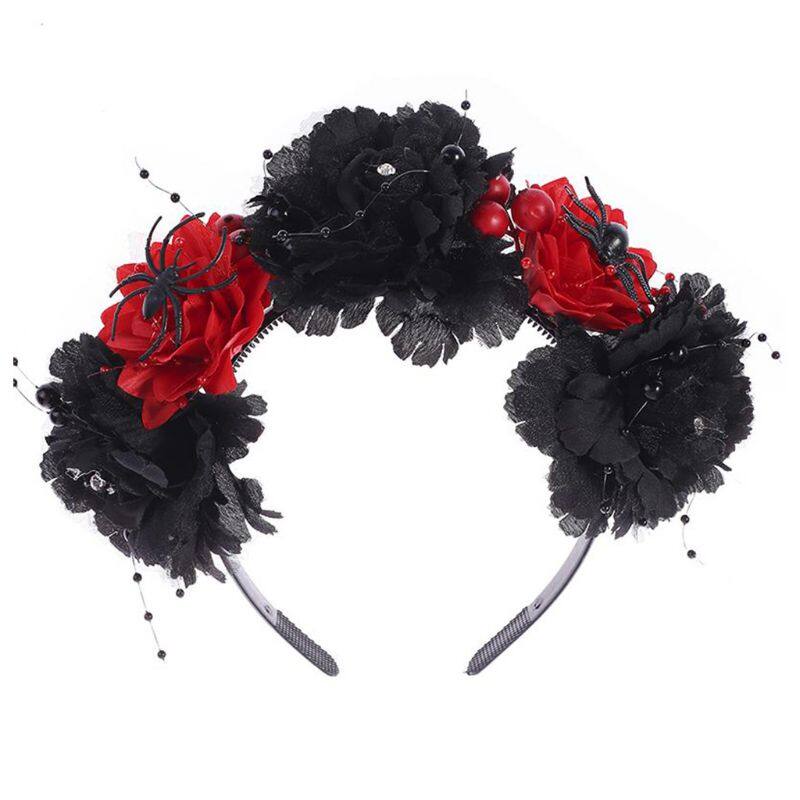 Halloween Day of The Dead Headband Vintage Artificial Rose Flower Beaded Hair Hoop Crown Scary Spider Cosplay Headpiece