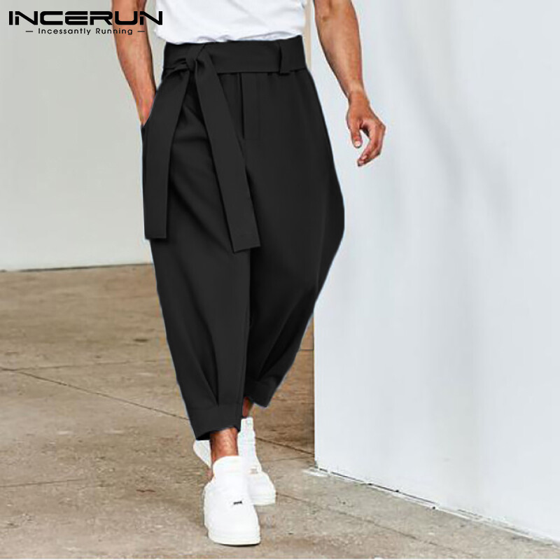 (Western Style) INCERUN Mens Hippy Loose Drop Crotch Trouser Baggy Harem Elastic Waist Pants With Belt