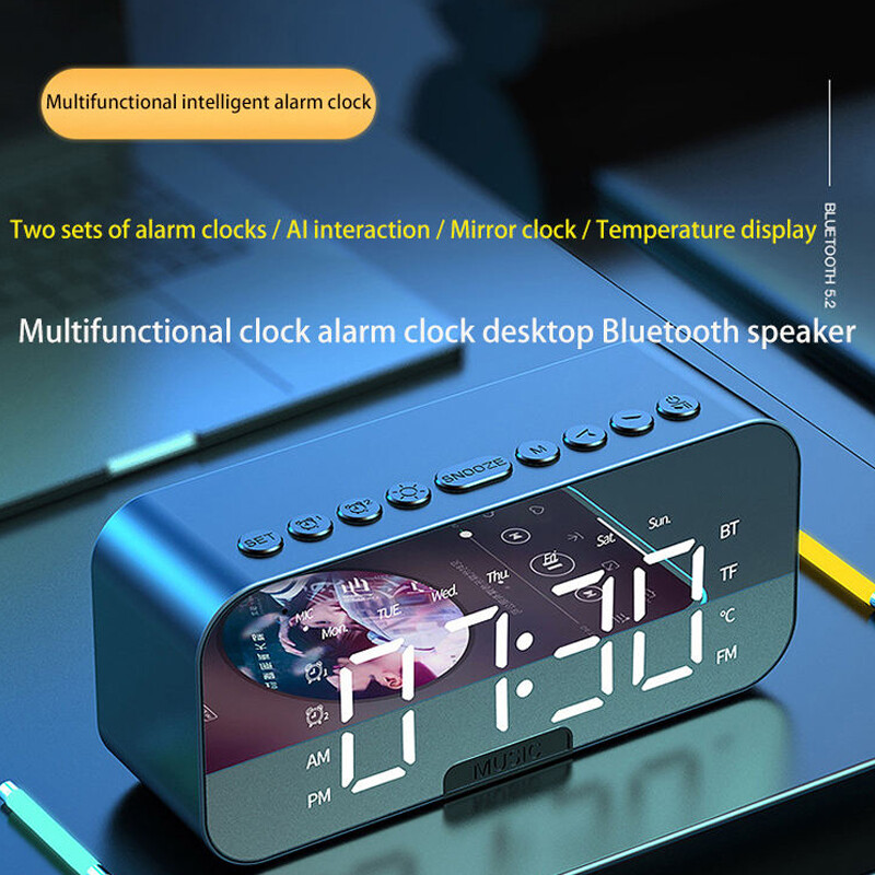 Desktop alarm clock, Bluetooth wireless audio, mini LED mirror digital clock, mobile phone speaker, gift, stereo sound effect