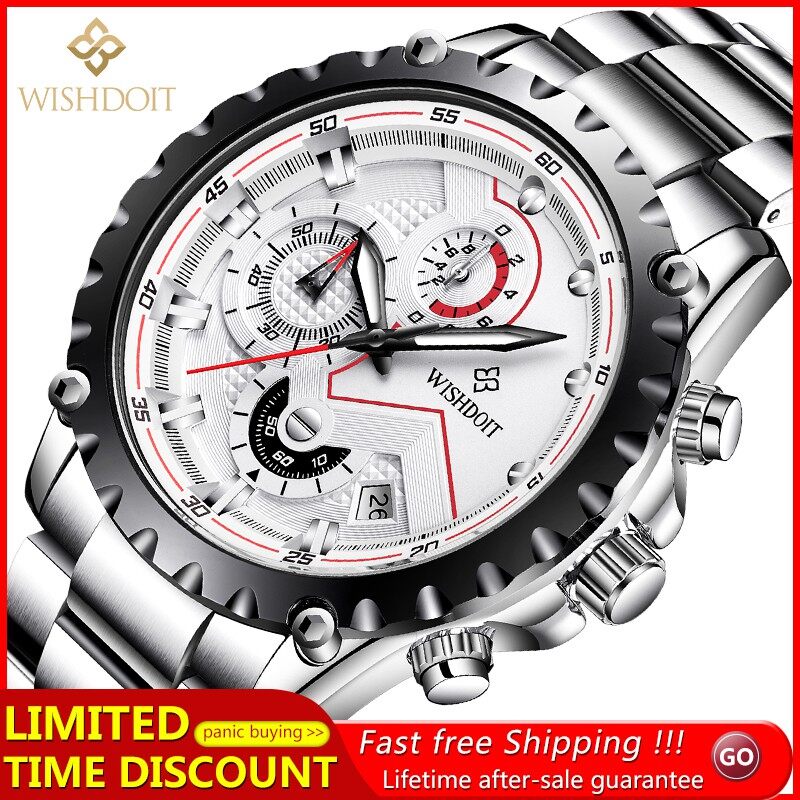 【Giới Hạn Discounts】WISHDOIT Đồng Hồ Nam Phát Sáng, Thạch Anh Đồng Hồ, Thép Không Gỉ Đồng Hồ Đồng Hồ Bấm Giờ Ba Mắt Đa Chức Năng Chức Năng Lịch Bơi Thể Thao Đồng Hồ Thông Thường Công Sở Đồng Hồ Xu Hướng Thời Trang Cá Tính