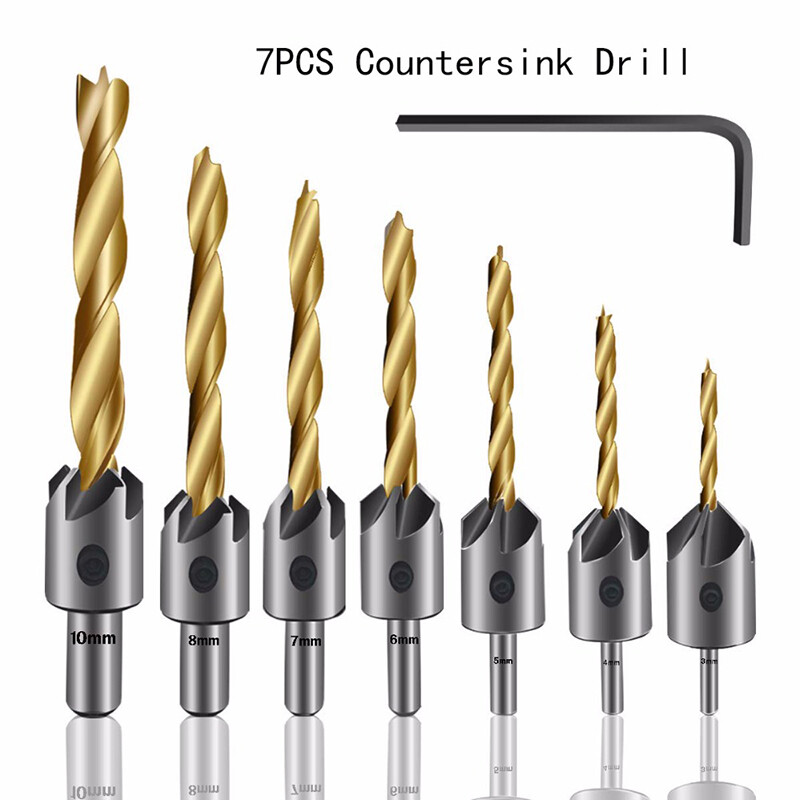 [Ready stock] KIPRUN 7Pcs  Flute Countersink Drills Bits countersunk head drilling Bit Set 3 Tips Woodworking drill 34567810mm
