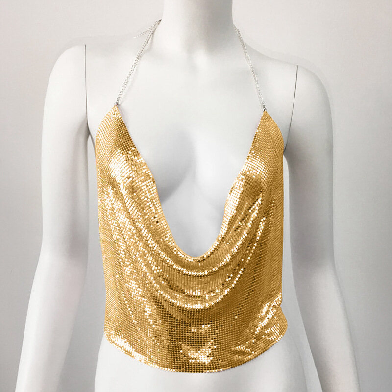 Women Shine Sequin Tank Top Sleeveless Deep V-Neck Metal Strap Short Camisole