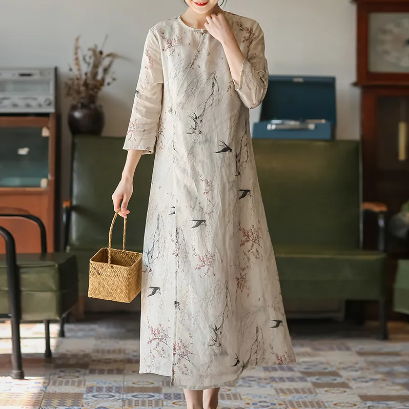 CottonDesign Women's Summer Dress Cotton Linen Floral Print Open Stitch Yan Return Graph Dresses Oversized 3BD0227