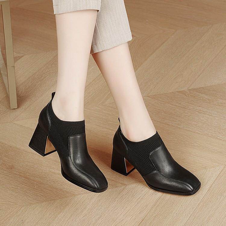 British Black Leather Plain thick heeled pointed high heels Shoes Suitable for Women Square Toes Women's Office Shoes High Quality