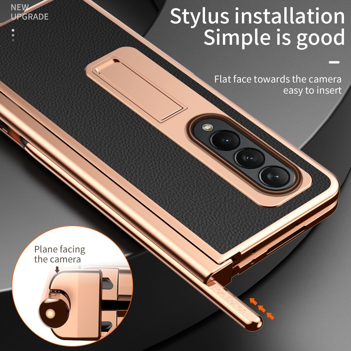 [With Pen+Screen Film] FLOVEME Plating Lychee Pattern Phone Case For Samsung Galaxy Z Fold 4 Fold 3 5G Hinge Protection With Front Screen Glass Film Stand Holder Back Cover For Galaxy Z Fold 4 Fold 3